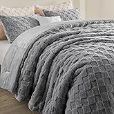 BEDELITE Fluffy Comforter Set Queen - Super Soft Warm Sherpa Comforter Light Grey, Jacquard Checkered Fleece Bedding, 3 Pieces Fuzzy Bed Set for Winter(1 Comforter, 2 Pillowcases)