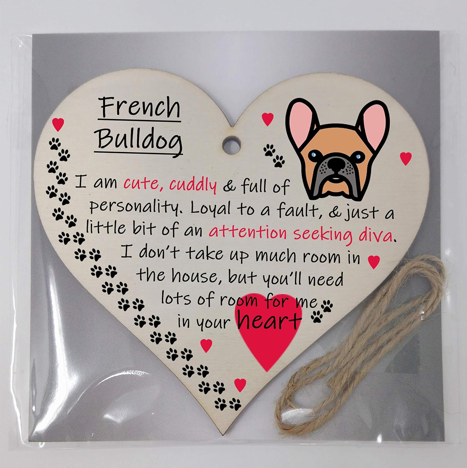 Handmade Wooden Hanging Heart Plaque Gift Perfect for Dog Lovers Pet Keepsake Novelty Decoration, Soft White, French Bulldog - Image 5