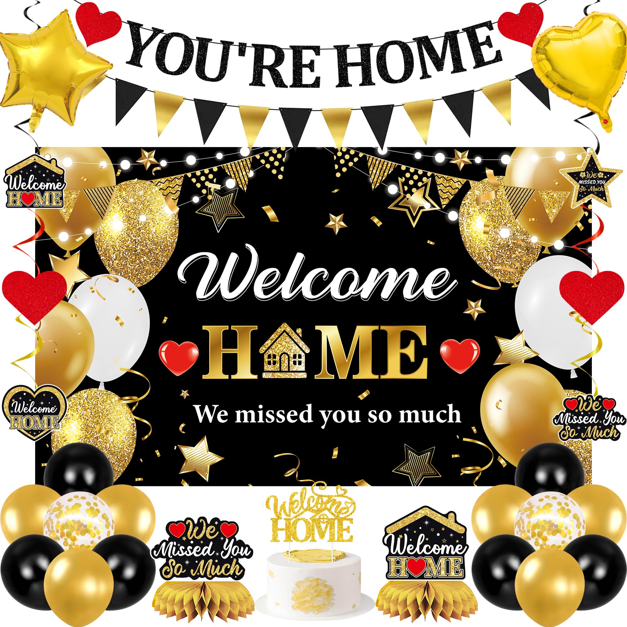 Photo 1 of Holkcog Welcome Home Decoration, Black Gold Welcome Back Party Decorations, We Missed You So Much Banner Party, Glitter Home Party Sign Banner Ballons, Family Reunion Party Decora Supplies