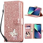 UEEBAI Wallet Case for iPhone 16e, Glitter PU Leather Phone Cover Card Slots Kickstand Wallet Magnetic Closure Bling Flip Case Shockproof Hand Strap Flip Cover for iPhone SE4 - Rose Gold