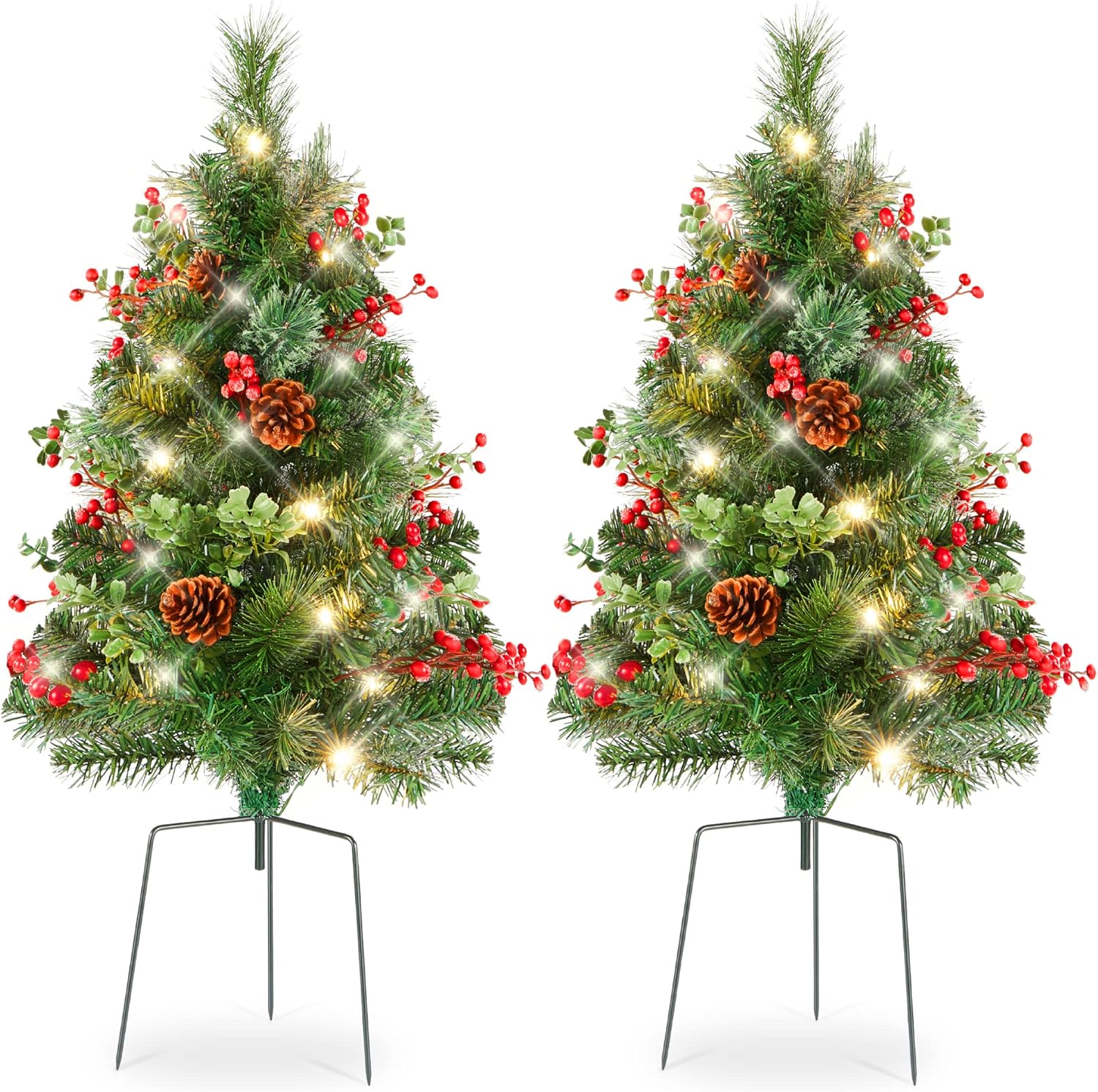 Trees - Best Choice Products Set of 2 24.5in Outdoor Pathway Christmas Trees, Battery Operated Pre-Lit Holiday Décor for Driveway, Yard, Garden w/LED Lights, Red Berries, Frosted Pine Cones, Red Ornaments