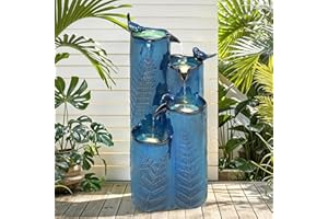 Autodaya Outdoor Water Fountain with Lights, 32" Ceramic Vase Fountain with 4-Tier Waterfall and Bird Decor, Tall Garden Waterfall with Turquoise Glaze & Tropical Fern for Patio, Yard, Balcony, Porch