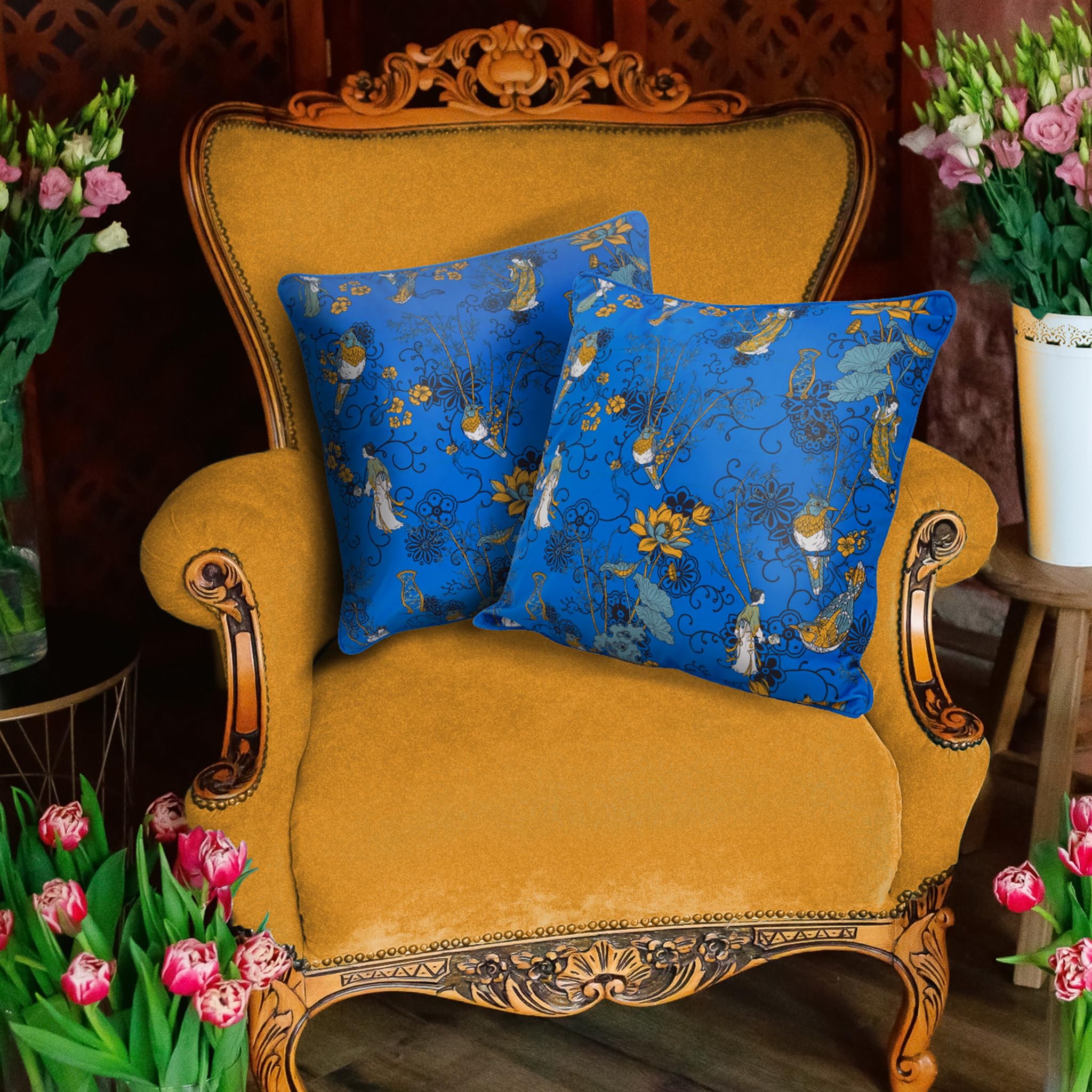 Balios Decor Velvet Throw Pillow Covers Chinoiserie Flower Bird Print, Square Cushion Pillow Cases with Piped Edges, 18x18 Inches (45 x 45cm), Set of 2, Cobalt Blue