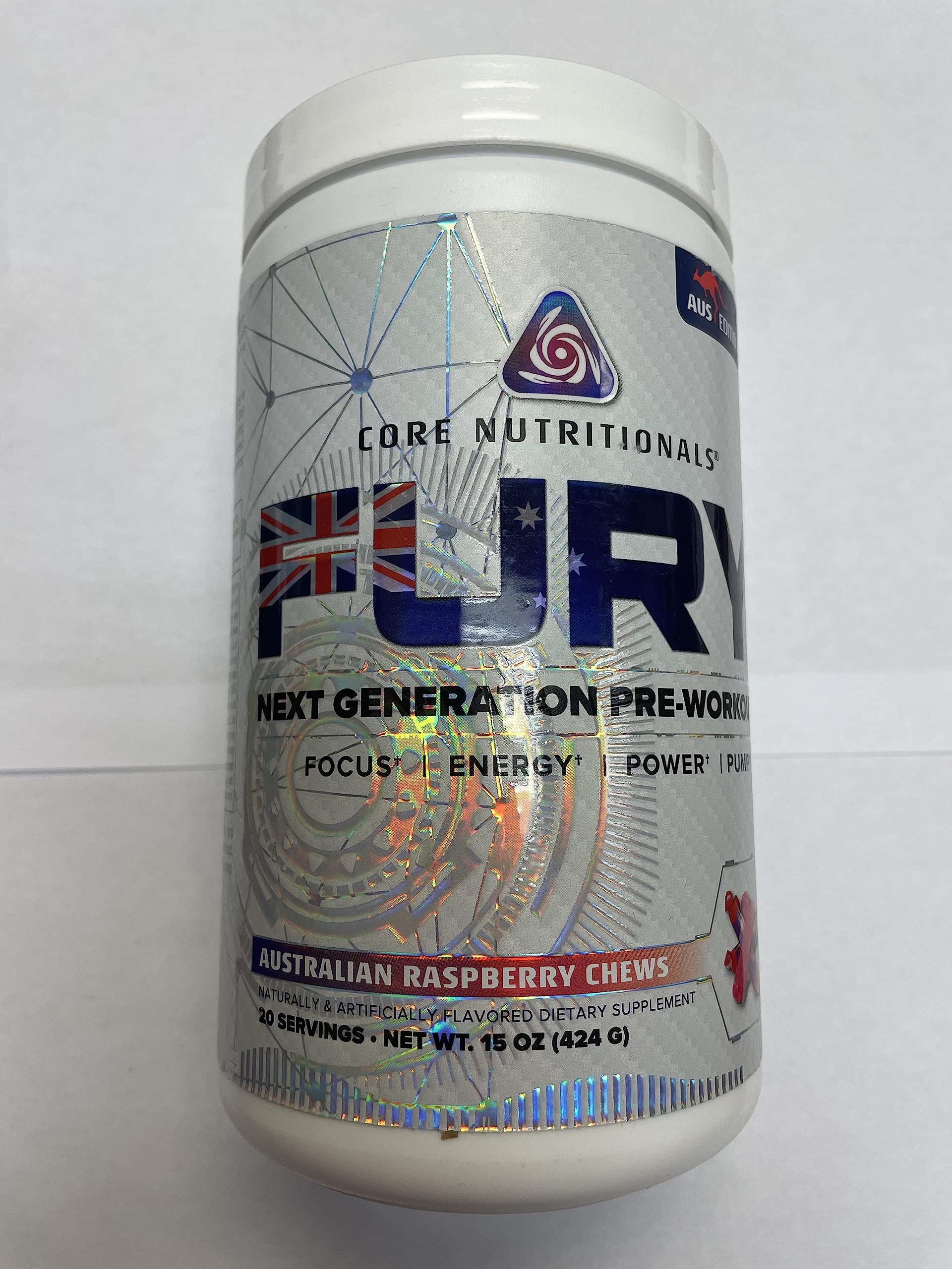 Core Nutritionals Fury Platinum Pre Workout Intensifier with 375mg Caffeine, 5G Creatine Monohydrate, 6G L-Citruline for Maximum Pump, Power, Focus and Energy, 20 Servings (Raspberry Chews)