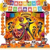 57PCS Dia De Los Muertos/ Day of the Dead Decorations Set for Ofrenda Altar | Mexican Table Runner Skull Backdrop Felt Papel Picado Hanging Swirls Butterfly Marigold Paper Fans Halloween Decor Party Supp