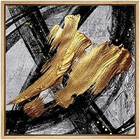SIGNWIN Framed Canvas Wall Art Black, Gold, Grey Lines and Color Blocks Abstract Brushstroke Oil Painting Modern Art Chic Expressive for Living Room, Bedroom, Office - 16x16 inches