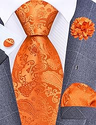 GUSLESON Orange Tie for Men Paisley Wedding Silk