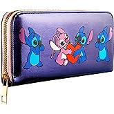 Disney Stitch Wallet Women Teenagers Girls Zip Around Card Cash Coin Purse Cute Clutch Wallet for Travel Work Gifts for Her (Blue Metallic Stitch)