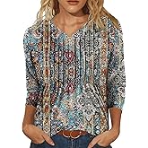 IEEILULU 3/4 Length Sleeve Womens Tops V Neck T Shirts Casual Pleated Tunic for Women Fashion Loose Blouses
