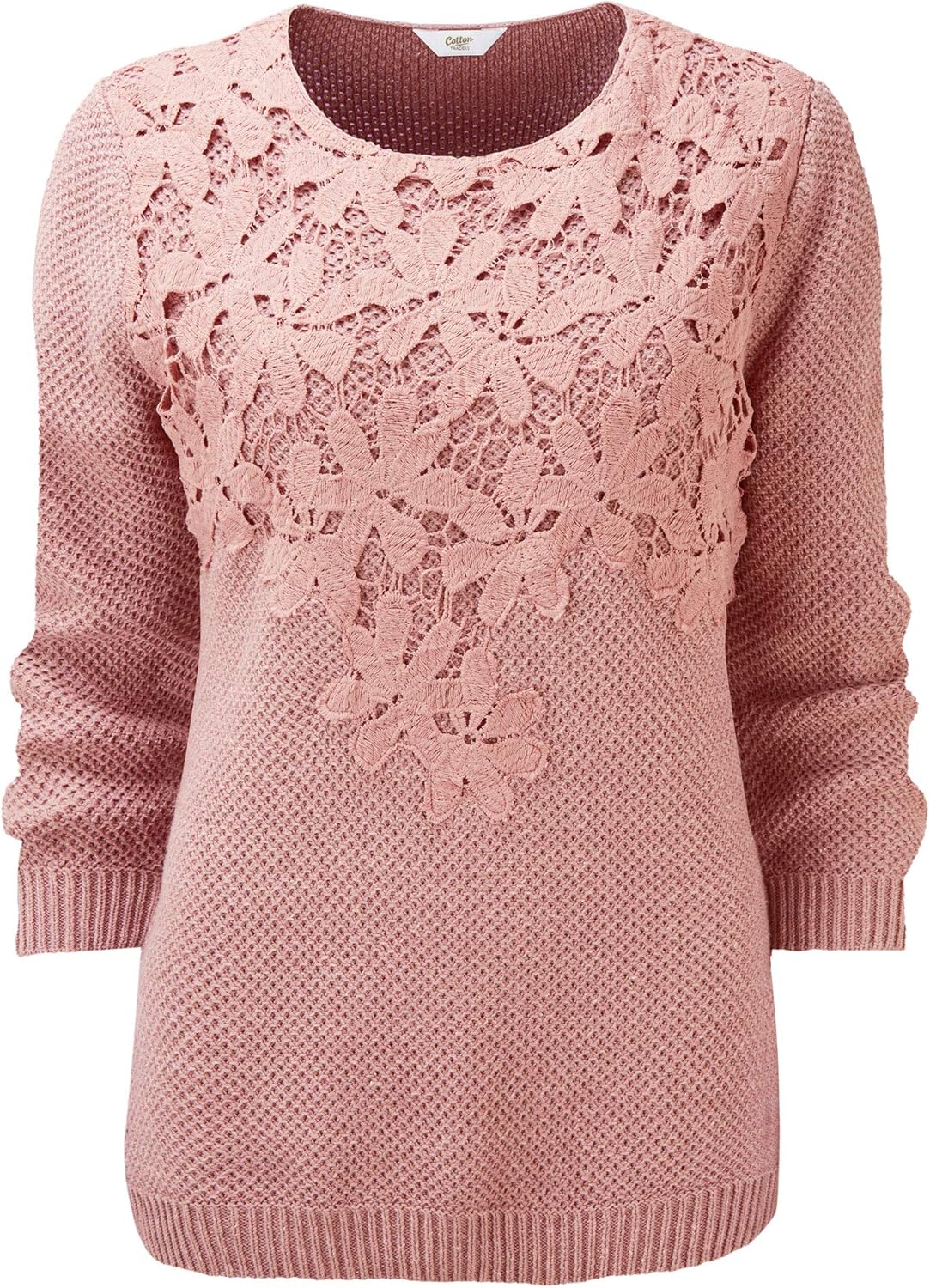 Cotton Traders Womens Lace Overlay 3/4 Sleeve Casual Cotton Jumper Smoke Blush Amazon.co.uk