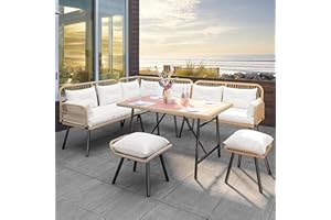 YITAHOME Patio Wicker L-Shaped Furniture Set, All-Weather Rattan Outdoor Conversation Sofa Set for Backyard Deck with Soft Cushions,Ottomans and Plastic Wood Dining Table (Light Brown+Beige)