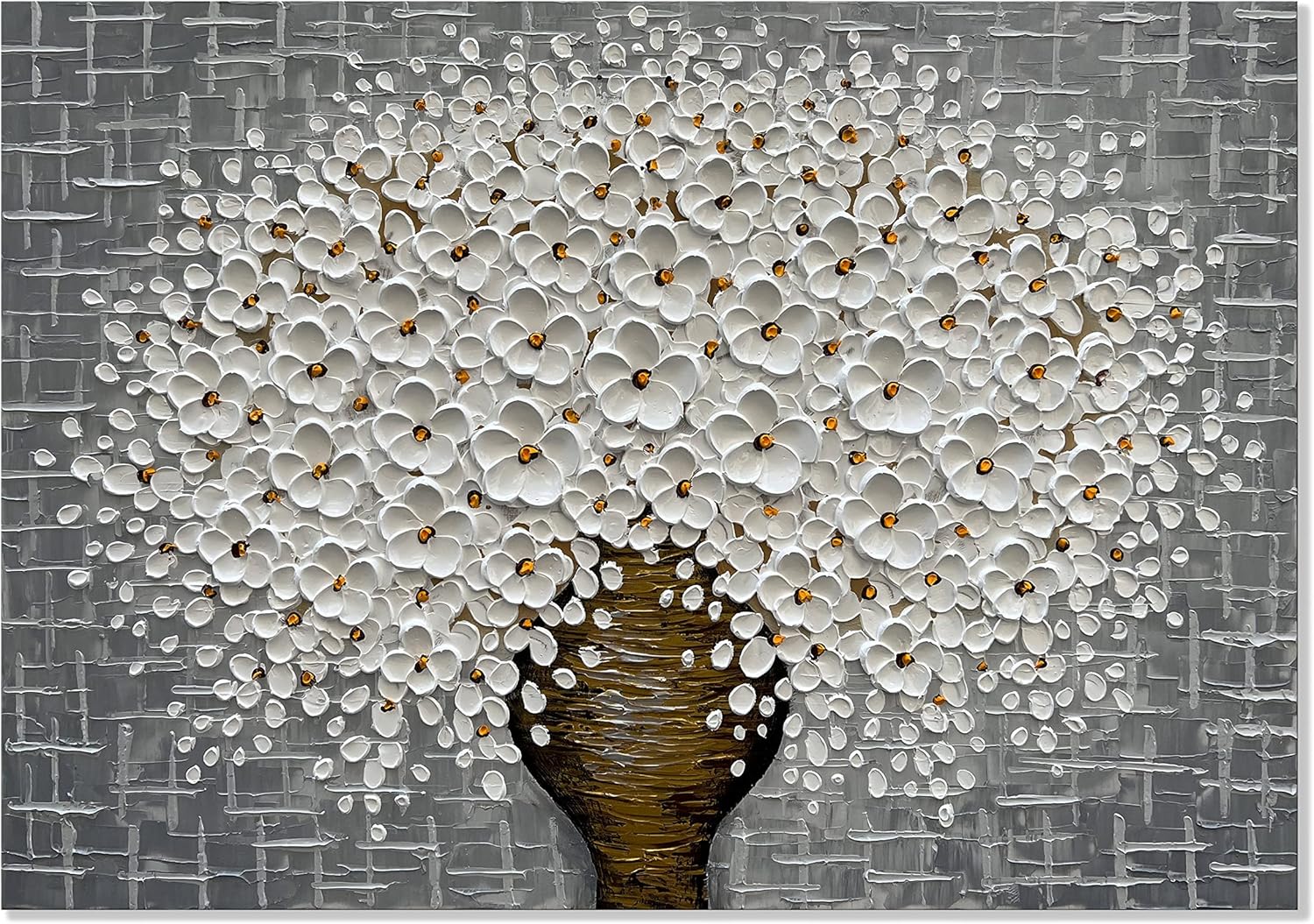 Paintings - Alenoss White Flower 3D Oil Paintings on Canvas Large Abstract Floral Modern Canvas Wall Art Home Decorations Framed Wall Pictures for Dining Room Bedroom Living Room