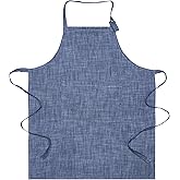 AKCOT 100% Cotton Chambray Apron with Pocket and Adjustable Neck with Long Ties Apron 25" X 31" for Women Men Chef Cooking, Baking, Gardening, Blue