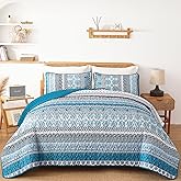 WONGS BEDDING Boho Quilt Set Queen Size, Teal Blue Bohemian 3 Pieces Quilt Sets, Lightweight Bedspread Coverlet Bedding Set for All Season (96"x90")
