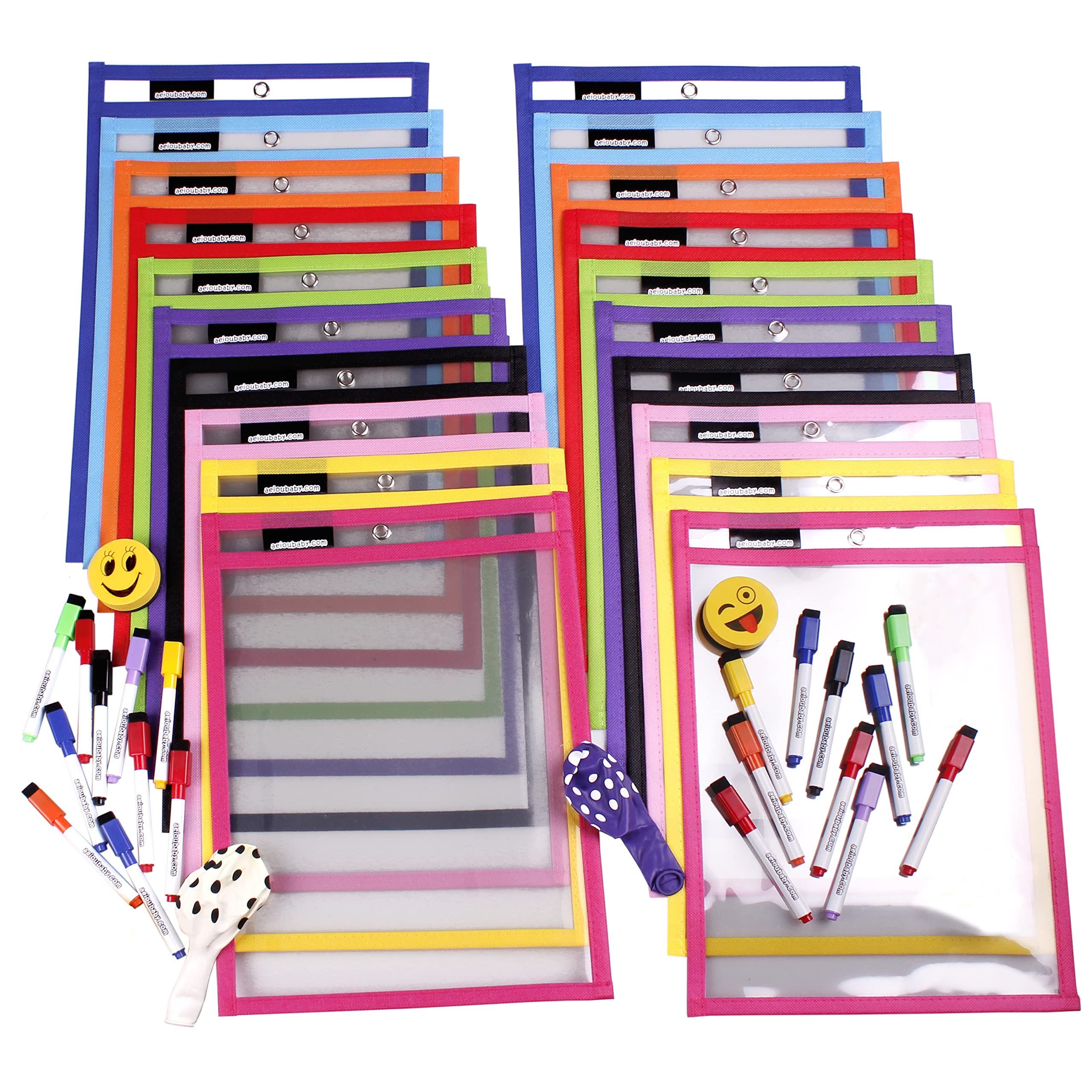 20 Reusable Worksheet Covers A4 Paper | Large Dry-Wipe Pockets 14x10 in. | PET Recyclable Ecological | 10 Colours, 20 Pens, 2 Rubbers and 2 Balloons | School Supplies, Stationery, Nursery, Playgroup — image 1