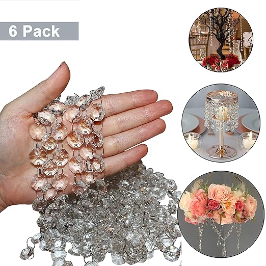 Kristall-Perlen-Stränge Set (6er Set - 1m Lang) - 1,5cm Breite Klarglas Achteckige Kristallperlen für Kronleuchter, Türvorhan