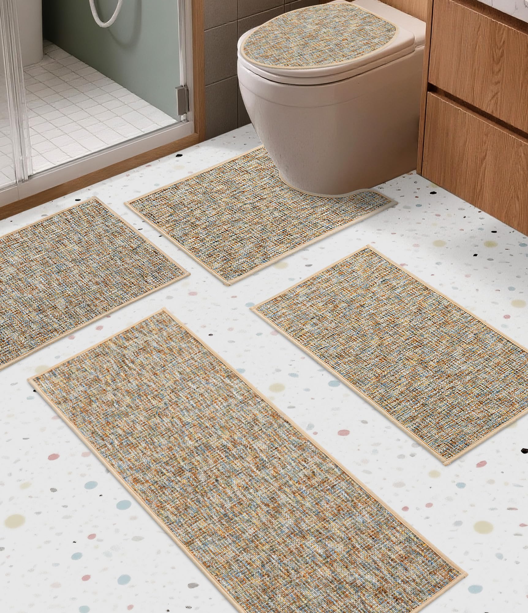 Photo 1 of YIHOUSE Bathroom Rugs Sets 5 Pieces, Ultra Thin Non Slip Washable Bath Mat Sets, Absorbent Quick Dry Bath Mats for Bathroom Floor,Yellow
