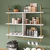 Bestier Kitchen Shelves Wall Mounted Floating Pipe Shelving 3 Tier 41.5" Coffee Bar Shelf with Holder Wall Display Storage Rack Kitchen Organization and Home Decor, White Faux Marble