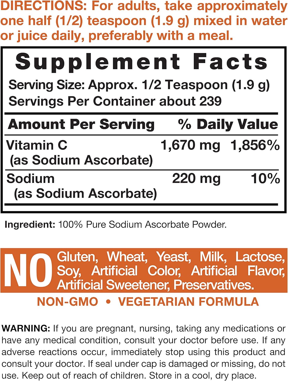 Sodium Ascorbate Vitamin C Powder 16oz Vegetarian, NonGMO, Gluten