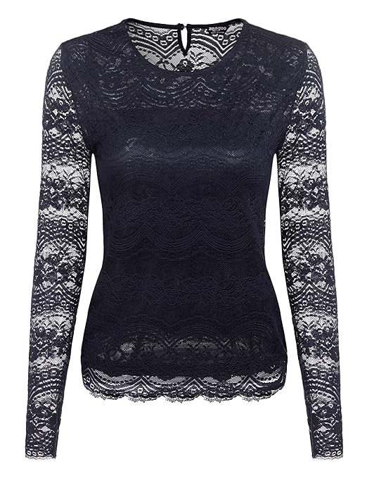 Zeagoo Damen Langarmshirt Spitze Oberteile Rundhals Lace Bluse mit Floraler Spitze