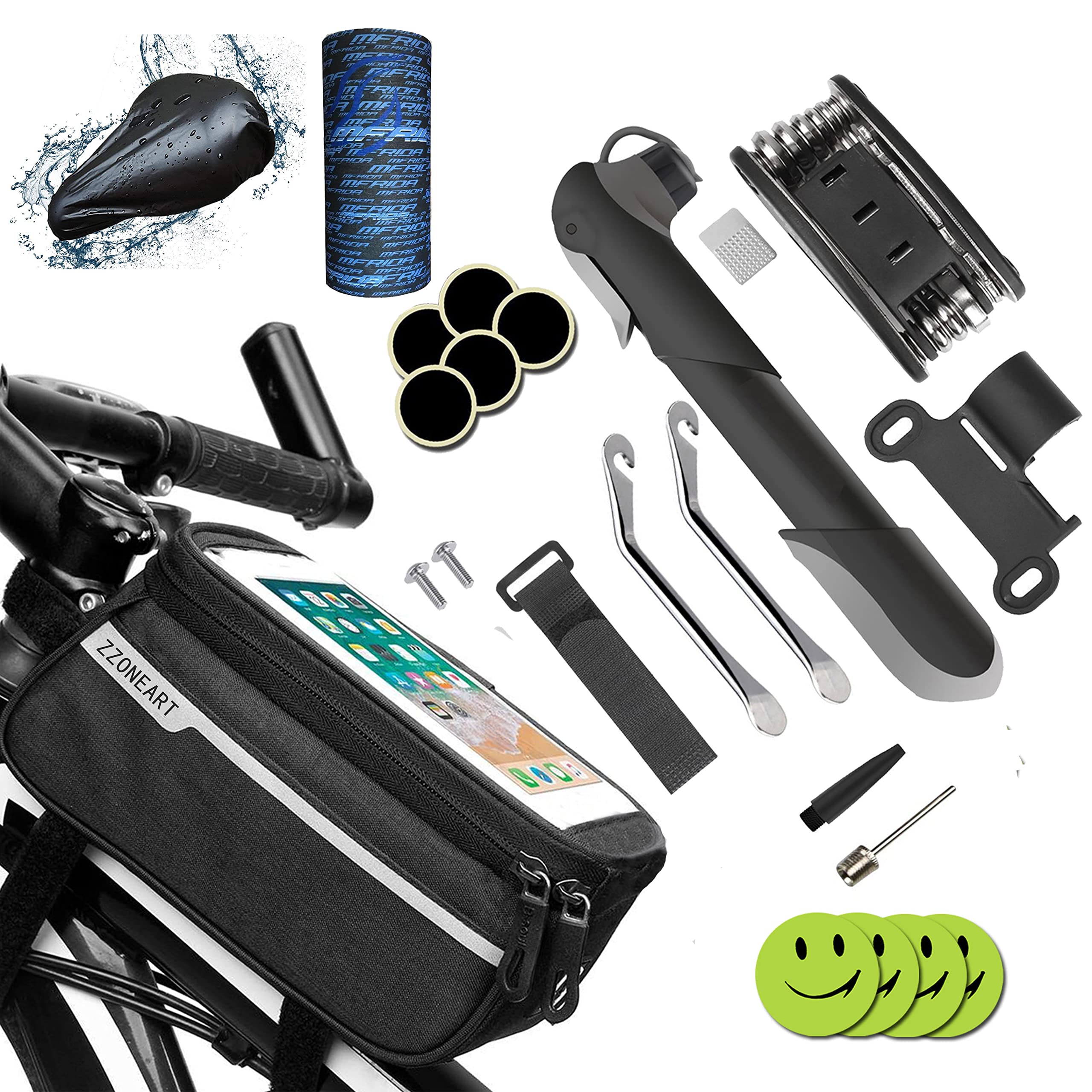 Zzone-1 Bike Tool Kit,Bicycle Pump,Tyre Puncture Repair Kit,16 in 1 Bike Multifunction Tool With Patch Kit,Mountain cycle Frame handlebar Front Tube Pouch Bag.