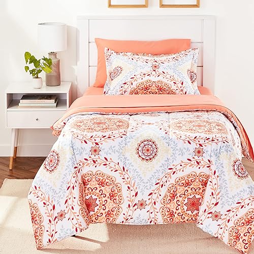 Amazon Basics Twin/Twin XL Comforter Set with Printed Sheets, 5-Piece Coral Medallion Bedding, Lightweight Microfiber Bed-in-a-Bag