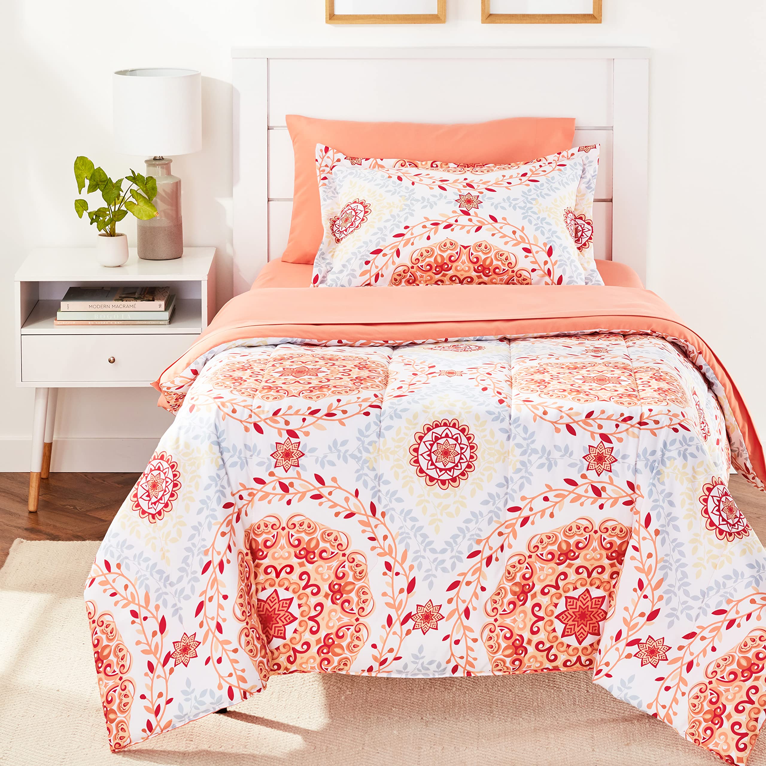 Photo 1 of Amazon Basics Twin/Twin XL Comforter Set with Printed Sheets, 5-Piece Coral Medallion Bedding, Lightweight Microfiber Bed-in-a-Bag