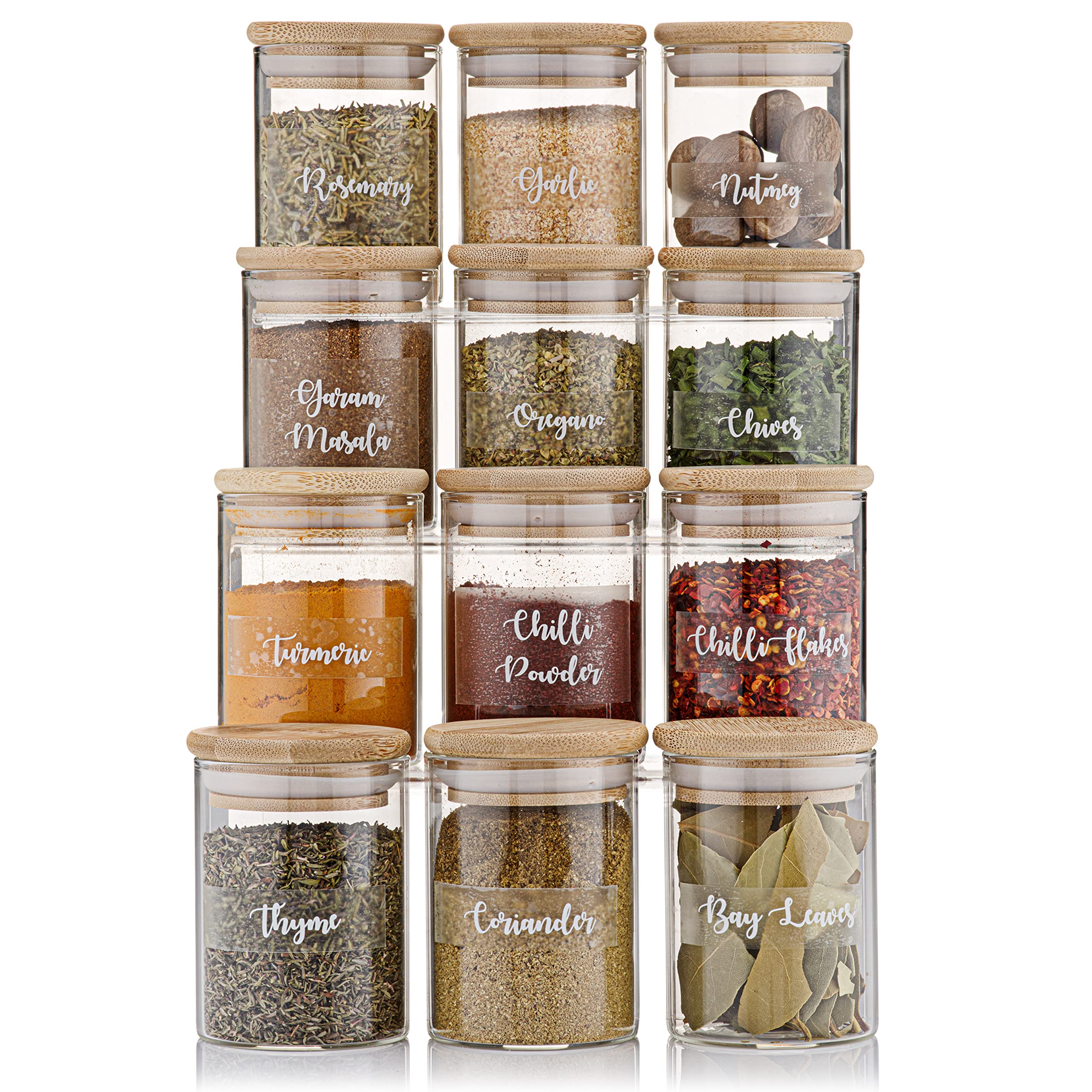 STORAGE MATTERS Glass SPICE JARS with lids and labels Mrs Hinch style SMALL seasoning containers 12x150ml Airtight kitchen organisation