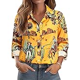 MYMORE ❷⓿❷❺ Women's Western Cowgirl Graphic Button Down Shirt Long Rolled 3/4 Sleeve Floral Print Cowboy Shirts