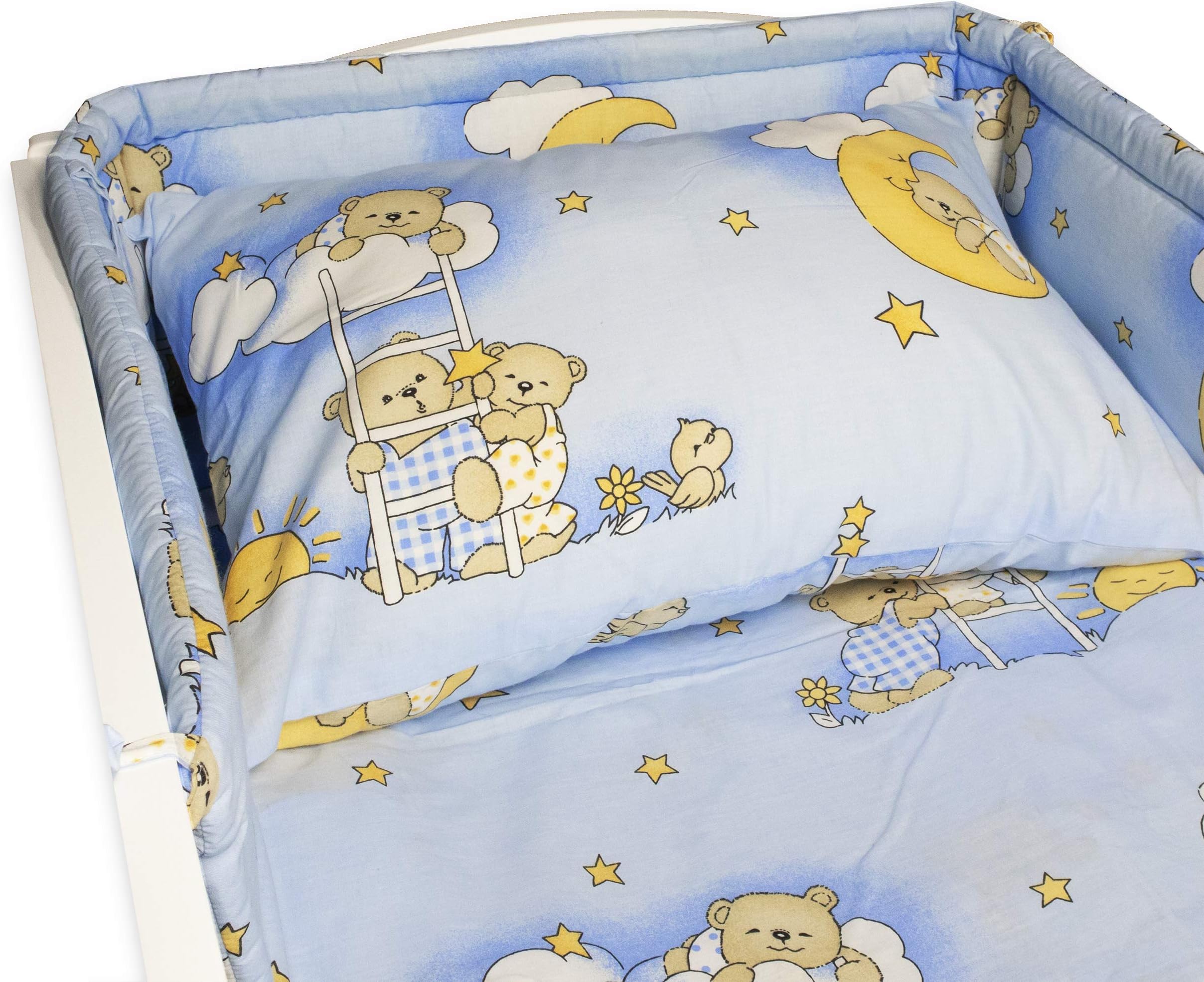 BlueberryShop Cotton Nursery Baby Bedding Set, Duvet Cover 90 x 120 cm, Pillowcase 40 x 60 cm, Cot Bumper 35 x 150 cm, Intended for Kids Aged 0-3 Years, Blue Bear on Ladder