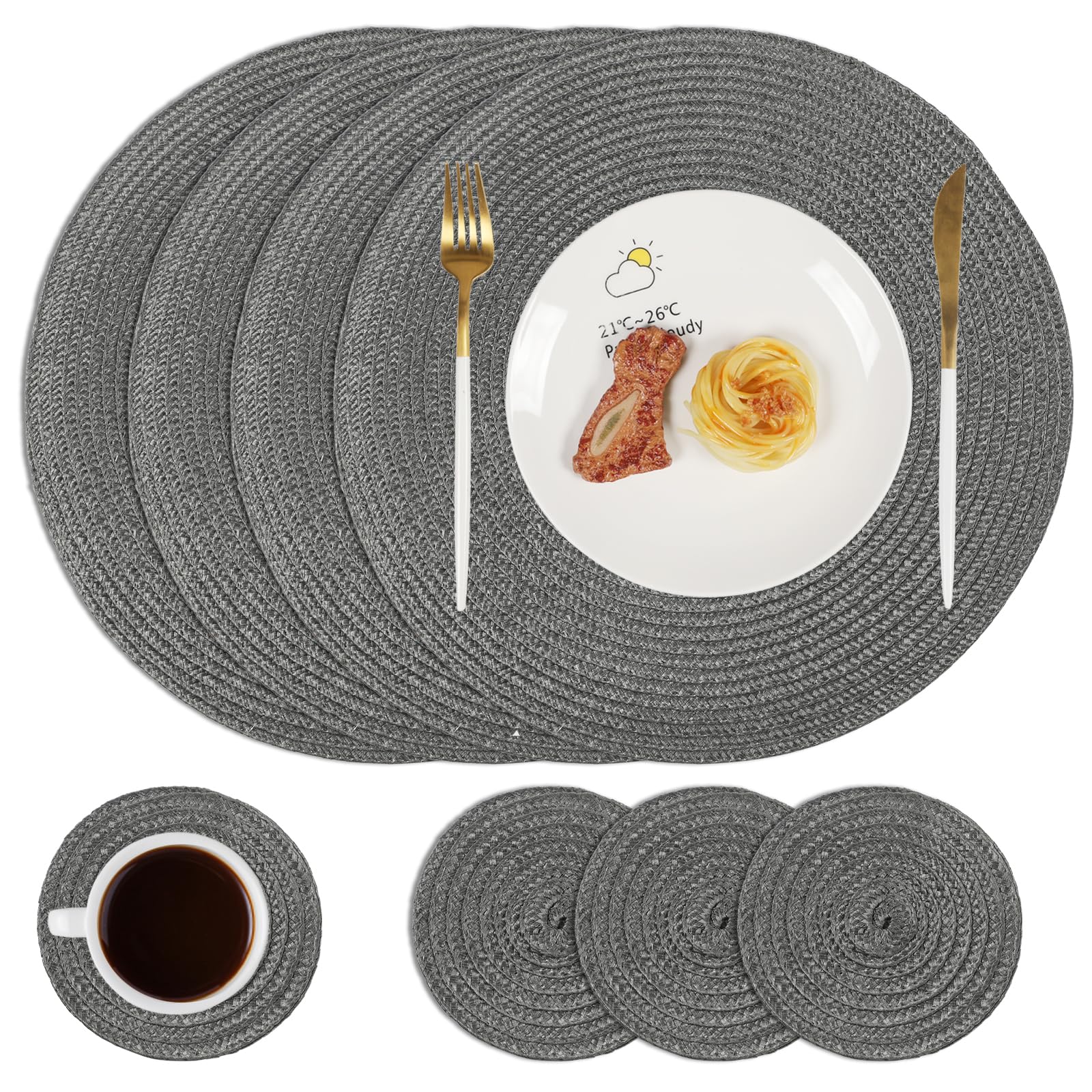 Famibay Place Mats and Coasters Set of 4 Round Woven Placemats Dining Table Place Mats Heat Resistant Washable Grey Table Mats for Kitchen Dining — image 1