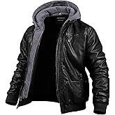 CREATMO US Men's Faux Leather Jacket Motorcycle Jacket Waterproof Windproof PU Moto Vintage Bomber Hoodie with Removable Hood