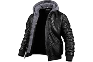 CREATMO US Men's Faux Leather Jacket Motorcycle Jacket Waterproof Windproof PU Moto Vintage Bomber Hoodie with Removable Hood