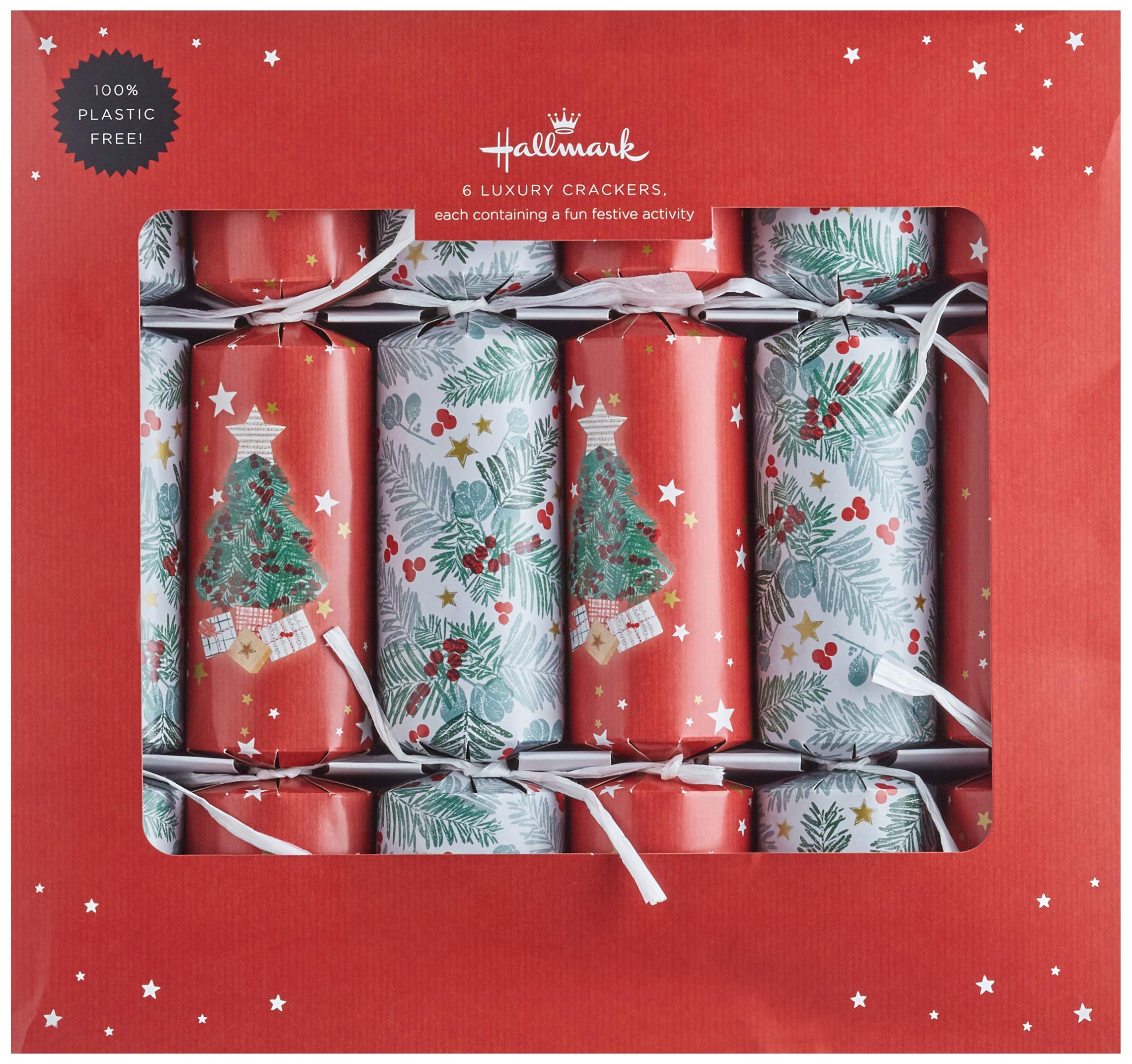 Hallmark Luxury Christmas Crackers, 2 Tree and Foliage Designs, Pack of 6 in 2 Designs, Festive Red, White & Green