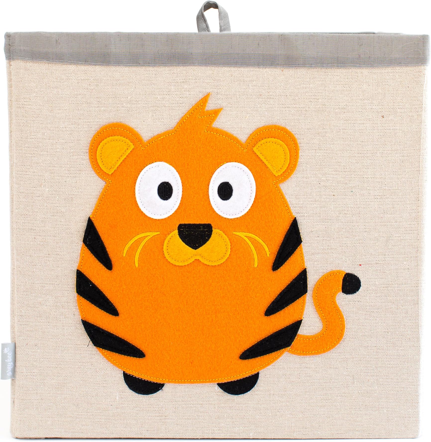 Large Collapsible Cube Storage Bin :: 100% Jute Canvas Toy Basket for Baby Items, Kids' Clothes & Much More, 13" x 13" Square, with Adorable Felt Animal Design, Tiger, Orange by Grey Bee