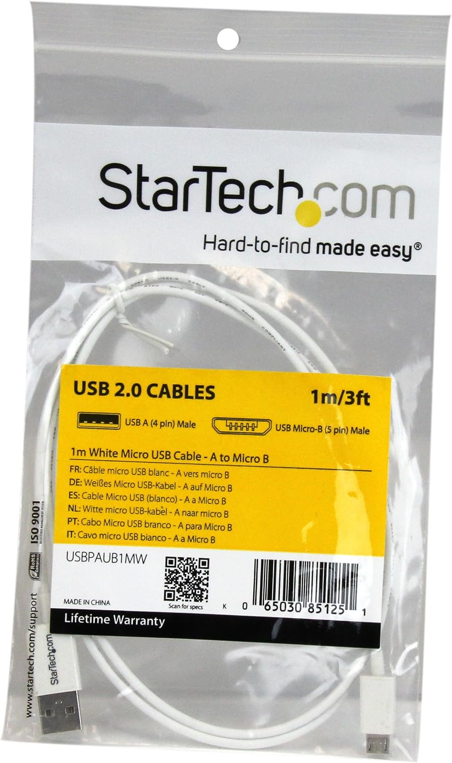 StarTech.com USBPAUB1MW 3.3 ft (1 m) USB to Micro USB Cable, USB 2.0 A to Micro B, White, Micro USB Cable - Image 5