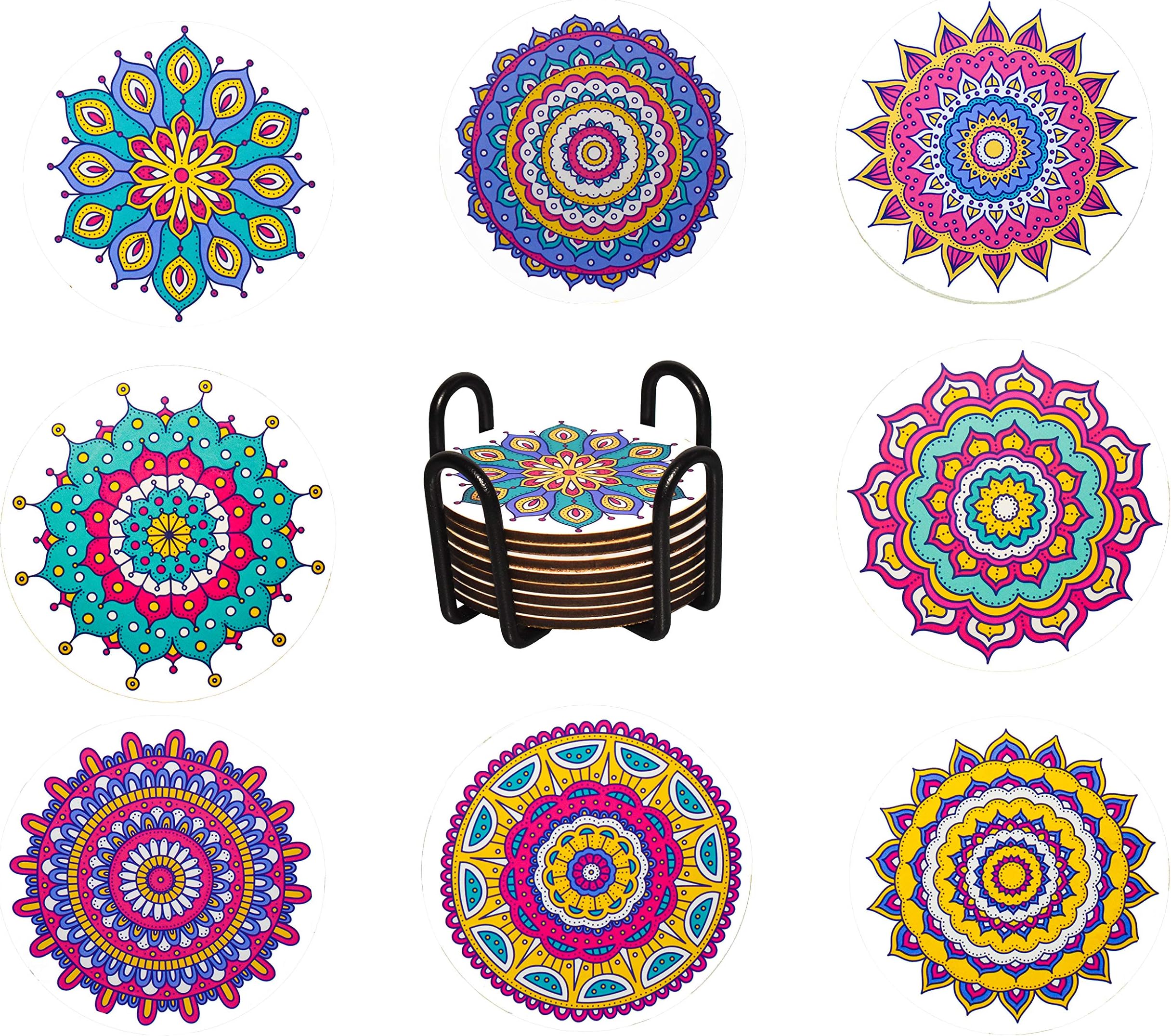 CLA Coasters For Drinks Absorbent Cork Coasters Set Of 8 For Car Bar Drink on table with Holder cork wood base with MDF mandala print Best gift idea for holidays for housewarming new home