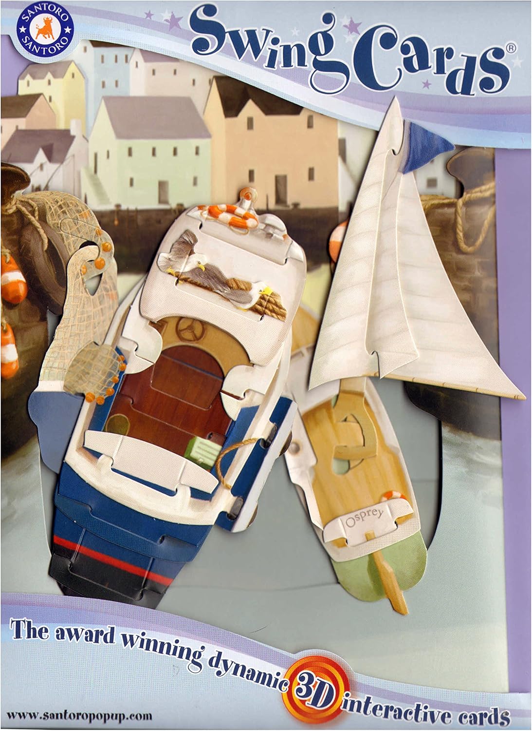 SANTORO Swing Card, 3D Pop Up Greeting Card - Seaside Harbour - Boats, Sailing and Fishing, Multi