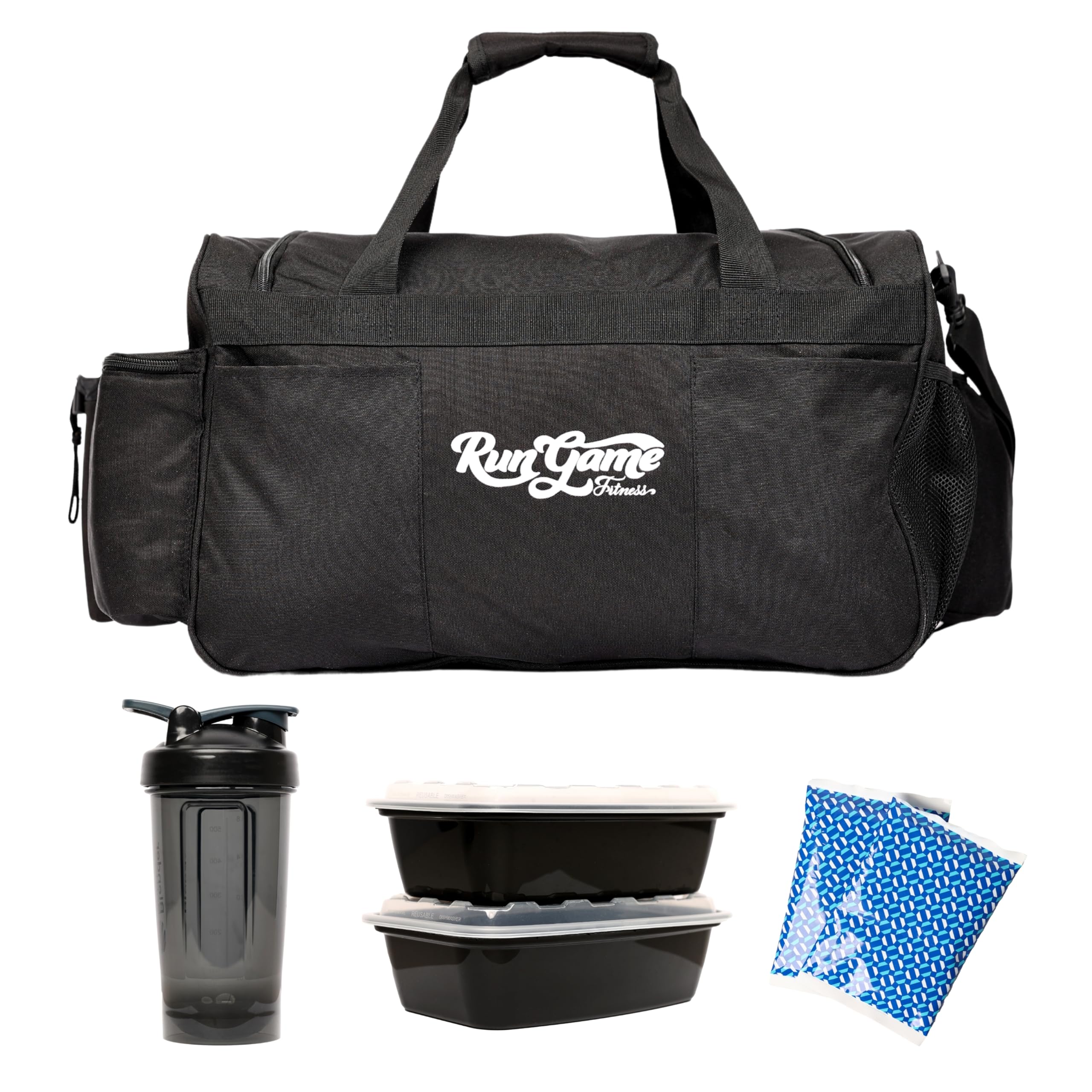 Photo 1 of Run Game Fitness Cooler Gym Bag with 2x Gel Packs, Meal Prep Containers, and 1x Shaker Bottle - Insulated Cooler Compartment, Storage, and Mesh Pockets - Perfect for Gym & Traveling