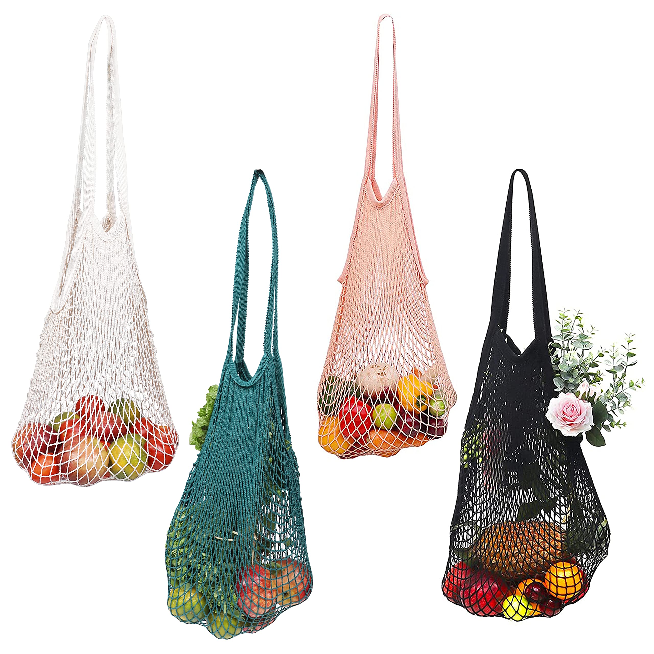 BELLE VOUS Mesh Shopping Bags (4 Pack) - Cotton String Net Grocery Turtle Tote Bag with Handle - Portable, Reusable & Washable Handbag - Fruit, Vegetable, Produce & Beach Toy Storage