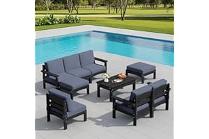 SERWALL 9 Pieces Patio Furniture Set, HDPE Outdoor Sectional Sofas, Outdoor Couch Set with Cushions and Coffee Table, Extra-Large Modular Conversation Set for Garden, Black Frame with Grey Cushion