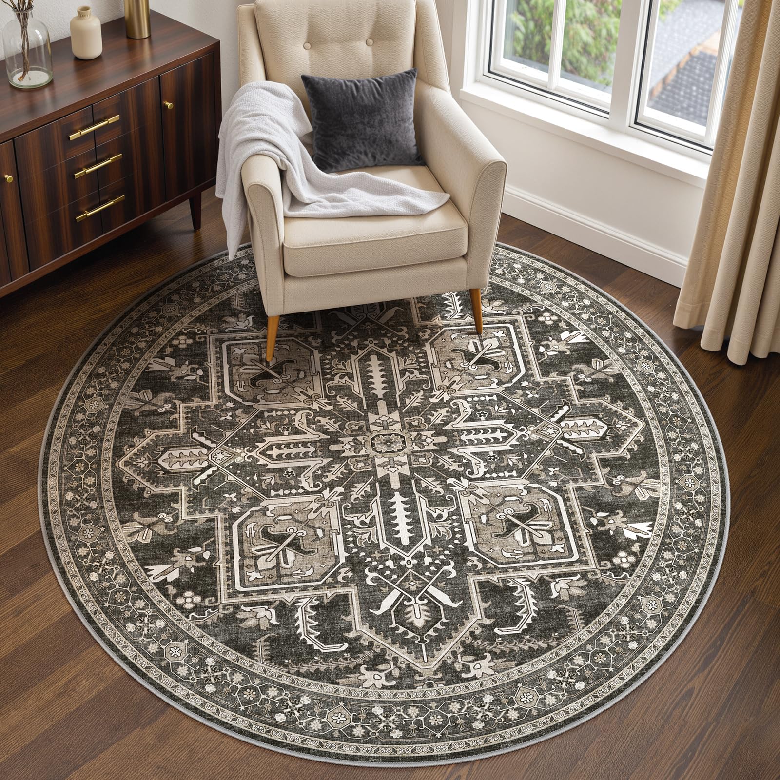 Photo 1 of WITSHOCK Living Room Area Rugs 6Ft: Washable Rug Boho Soft Non-Slip Low Pile Stain Resistant Foldable Carpet for Bedroom Playroom Dining Room Office Kitchen Farmhouse Home Decor Rug-Bitter Black