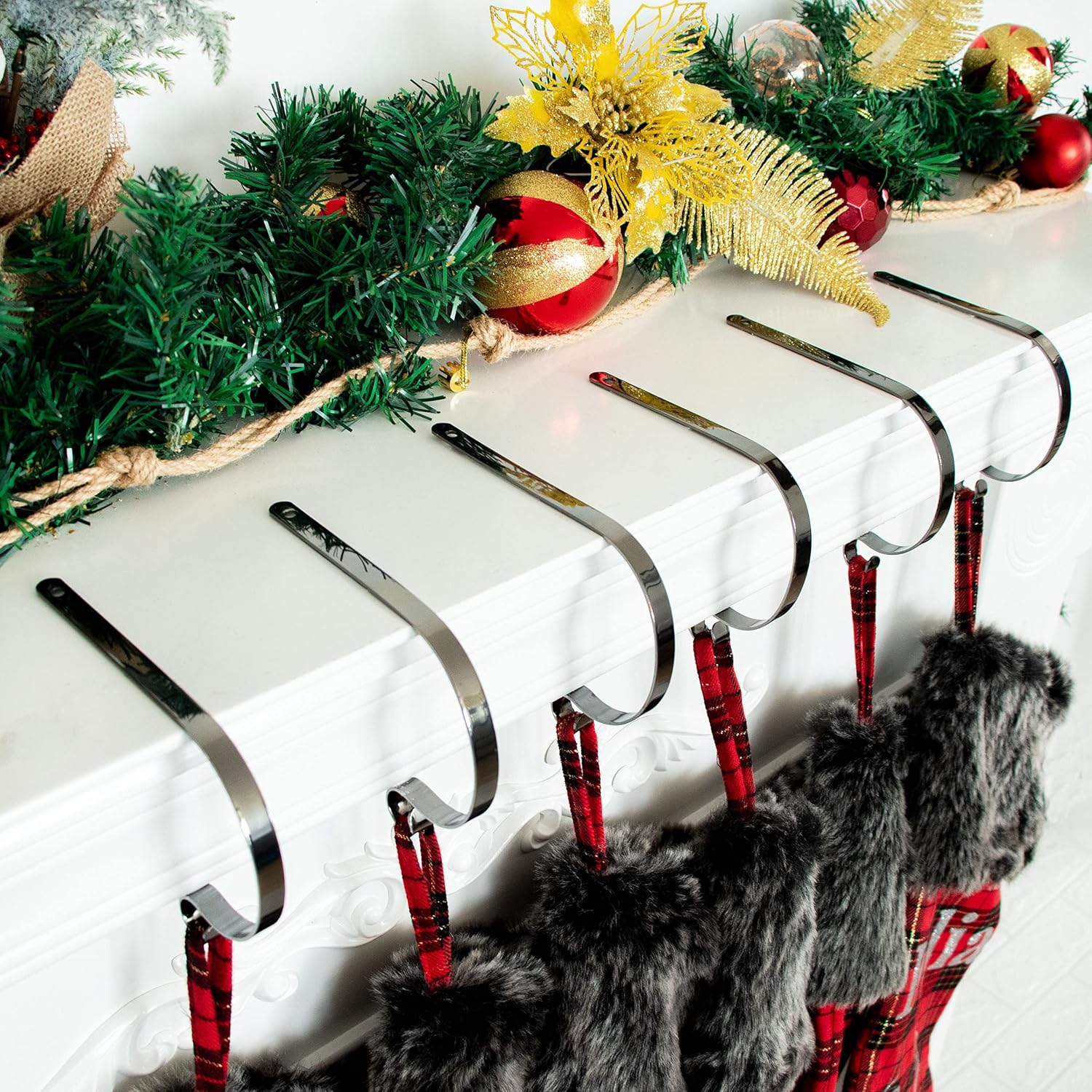 Stockings & Holders - LUBOT Set of 6 Metal Christmas Stocking Holder Hooks Fireplace Hanger with Non-Skid Design Black