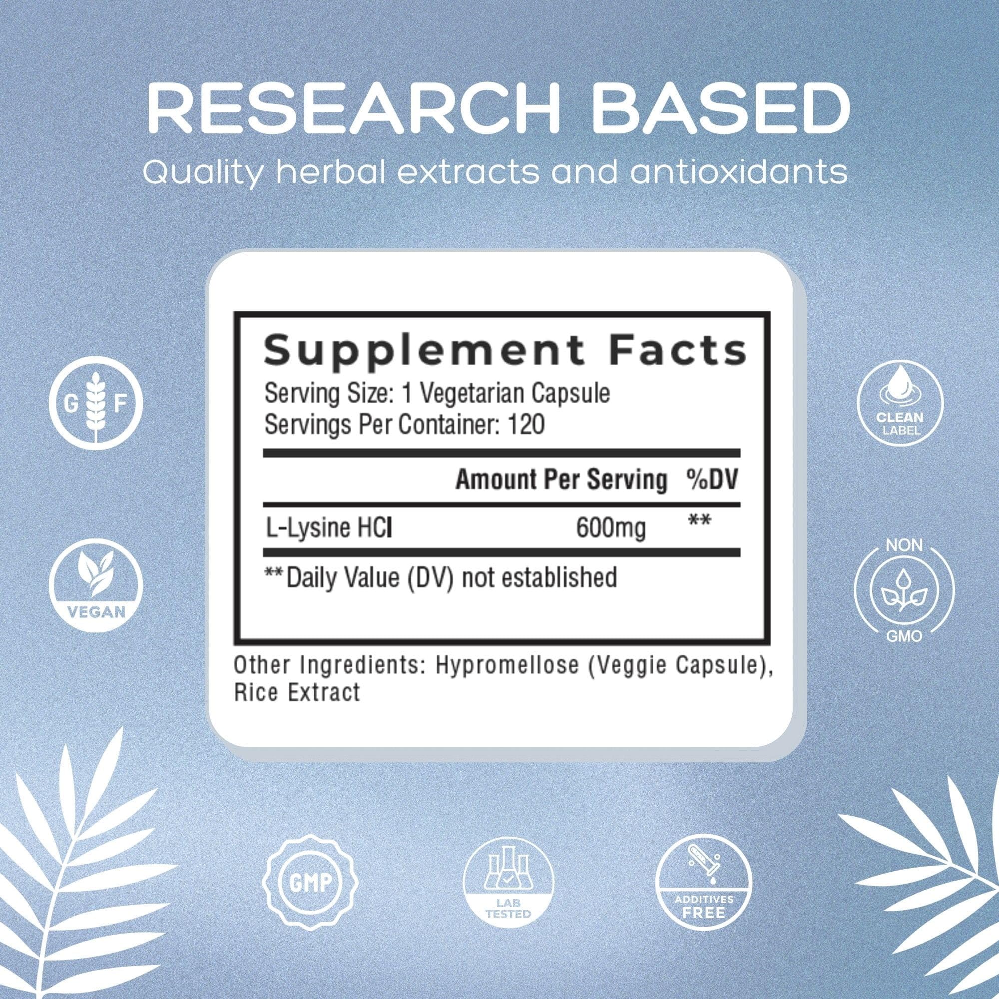 Natural Cure Labs Clean L-Lysine 600mg, 120 Capsules | Vegan, Non-GMO, & Gluten Free