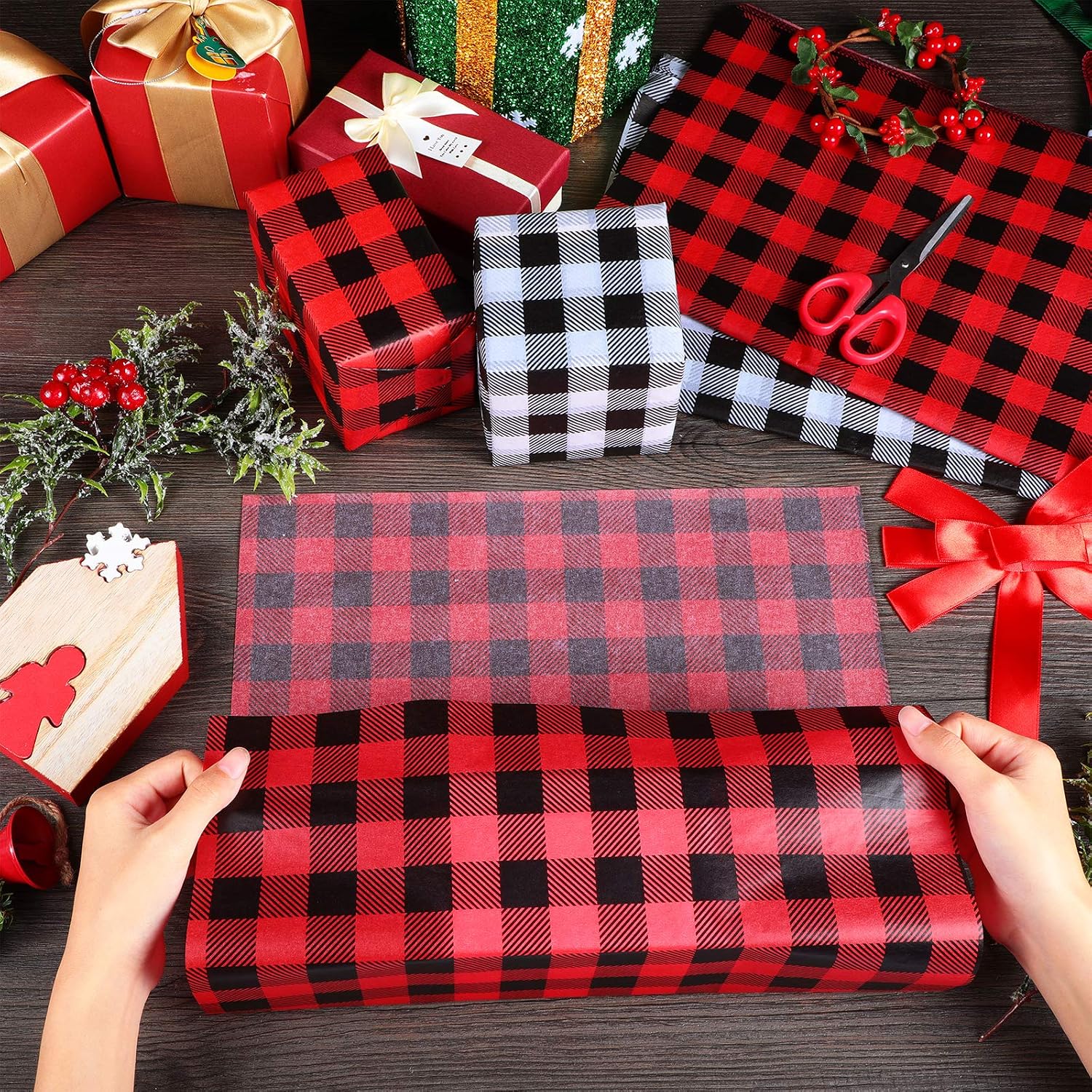 100 Pieces Christmas Tissue Paper Buffalo Plaid Check Wrapping Paper Red Black Plaid Wrapping Sheet Black White Plaid Wrapping Tissue Holiday Tissue Paper for DIY Christmas Holiday Wrapping Paper - Image 4