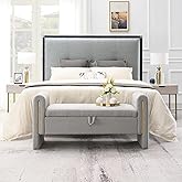 QianYueLUX Modern 52" Teddy Upholstered Storage Ottoman Bench with Armrests, Bed End Bench with Pull-Ring Storage, Foot Rest 