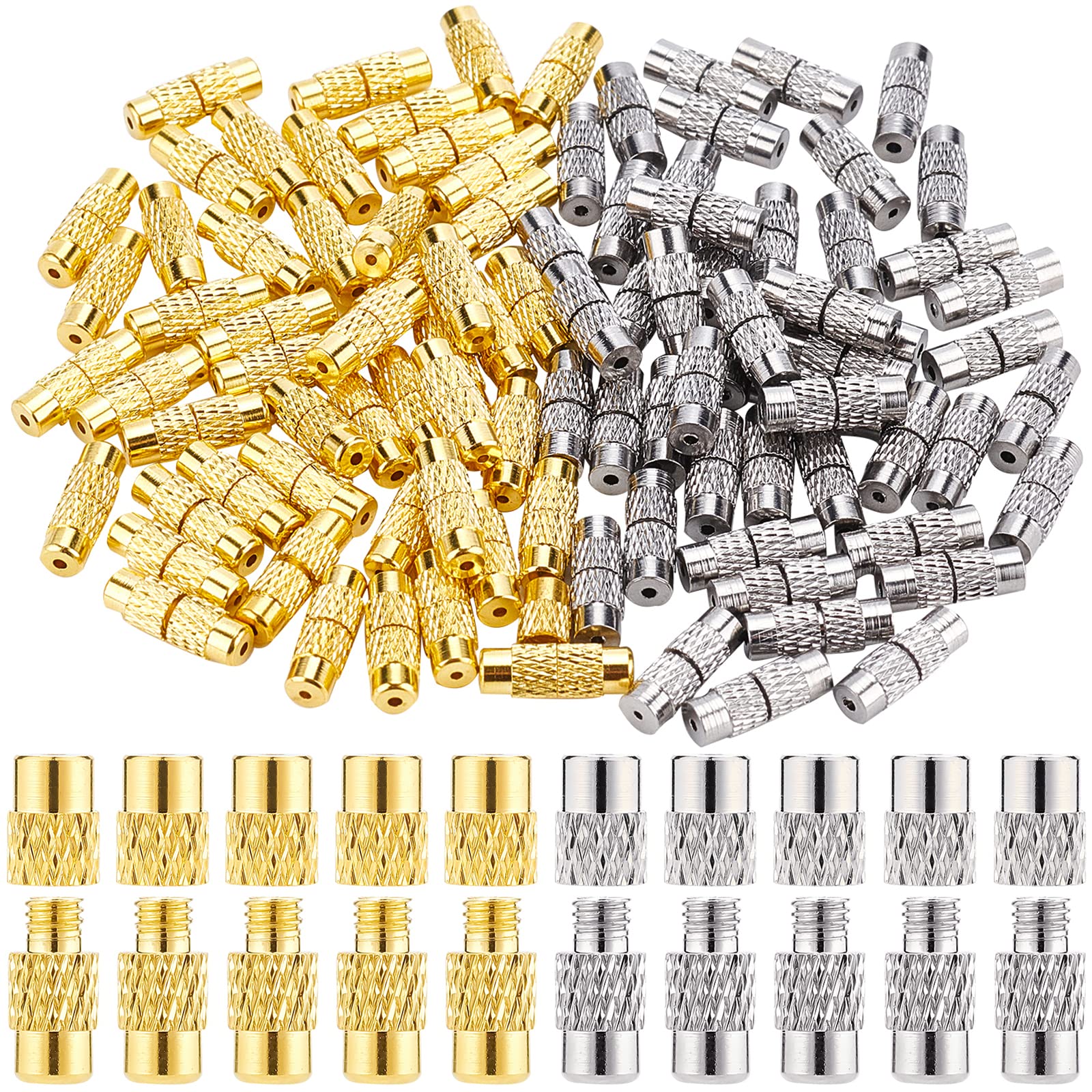 SUNNYCLUE 1 Box 100 Sets 2 Colors Brass Screw Twist Clasps 12 x 4 mm Cord End Caps Column Barrel Screw Clasps Tube Fastener for DIY Jewelry Making Bracelet Necklace Crafts Supplies
