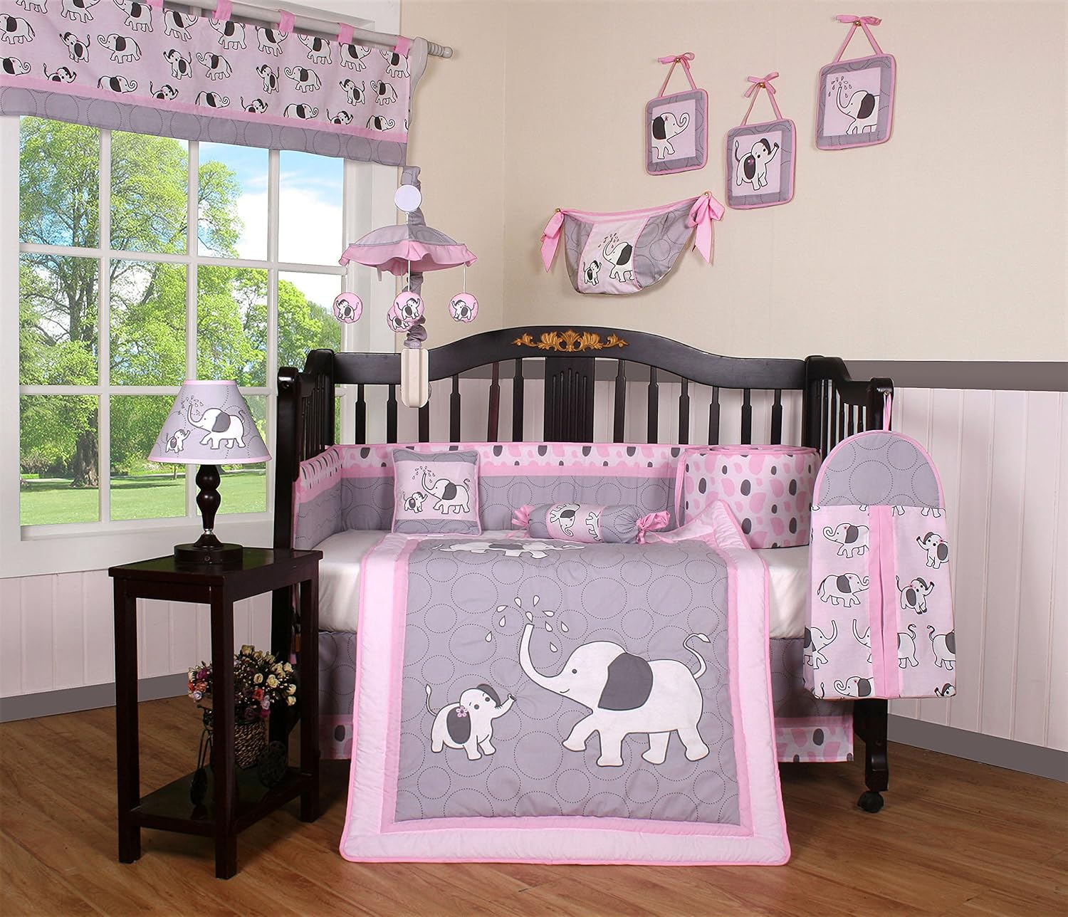 pink and grey elephant crib bedding