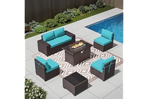 RTDTD Outdoor Patio Furniture Set with Propane Fire Pit Table, 7 Pieces Outdoor Furniture Patio Sectional Sofa Conversation Sets w/ETL Approved 43" Gas Outdoor Fire Table & Coffee Table (Turquoise)