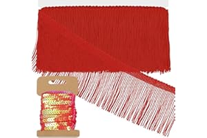 Swpeet 5 Yard × 4 Inch Red Fringe with Sequin Trim, Fabric Fringe, Chainette Trim, Tassel, Sewing Fringe Trim for Clothes Acc